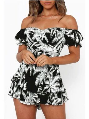 Off-Shoulder Tropical Print Romper